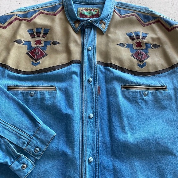 Shooter Shirt Large Pearl Snap Western Vintage Denim Pearl Snap Cowboy - Picture 2 of 10